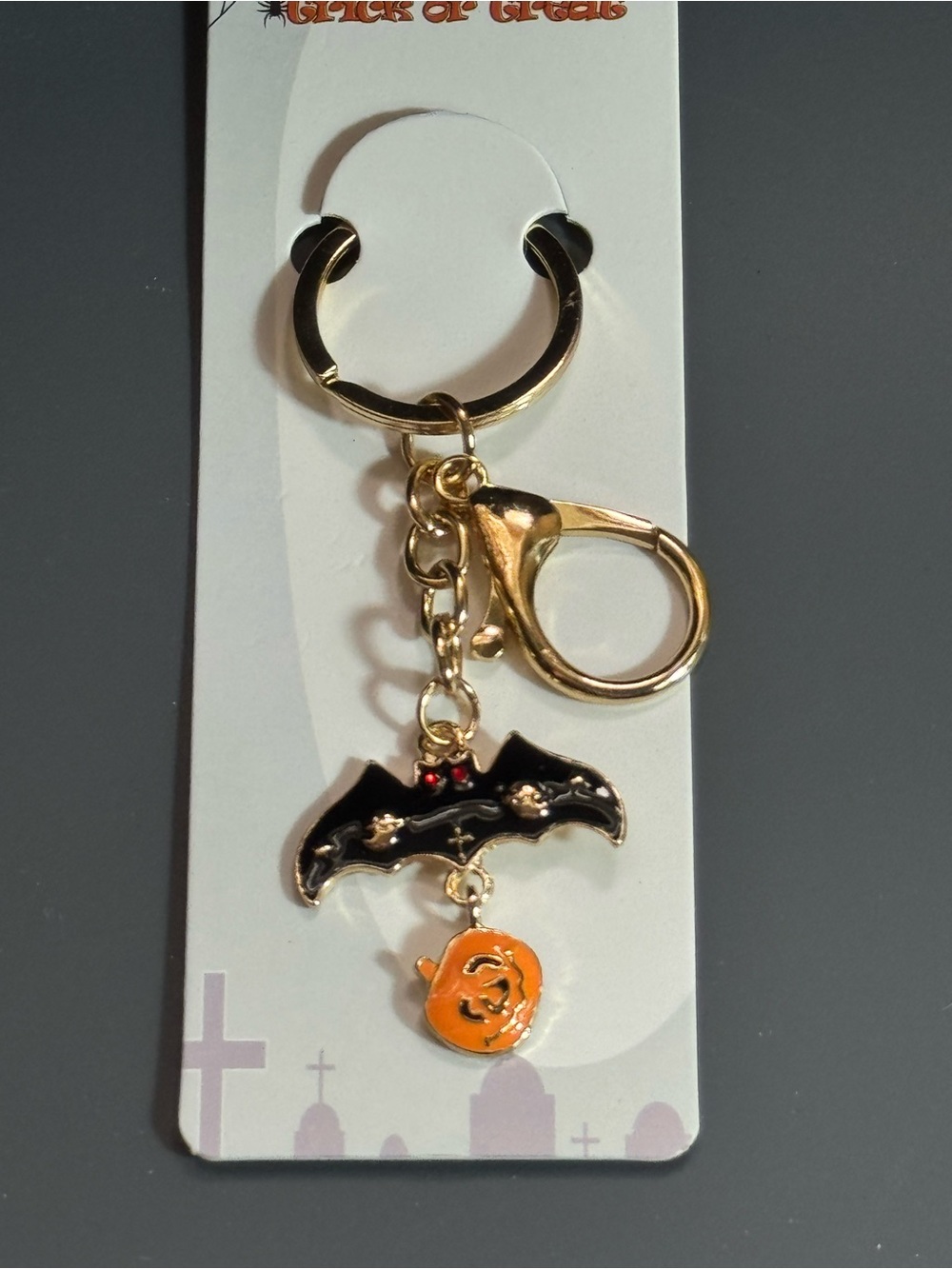 NWT Halloween Bat & Pumpkin Keychain - Gold Tone, Black and Orange
